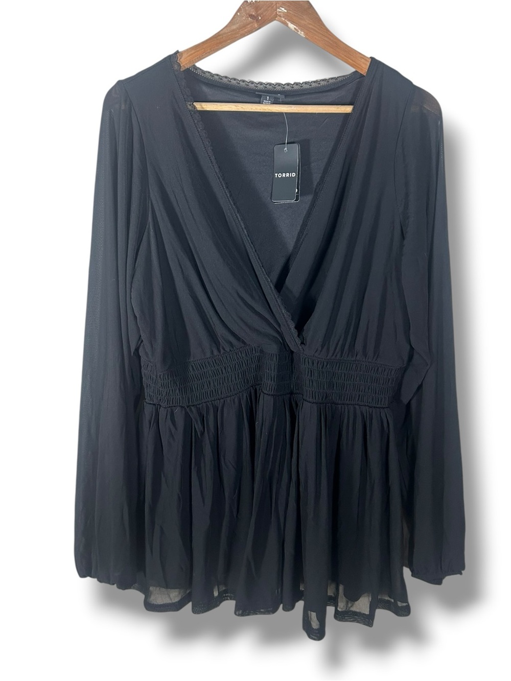 NWT Torrid Black Surplice V Neck Sheer Peplum Blouse Size 1X
